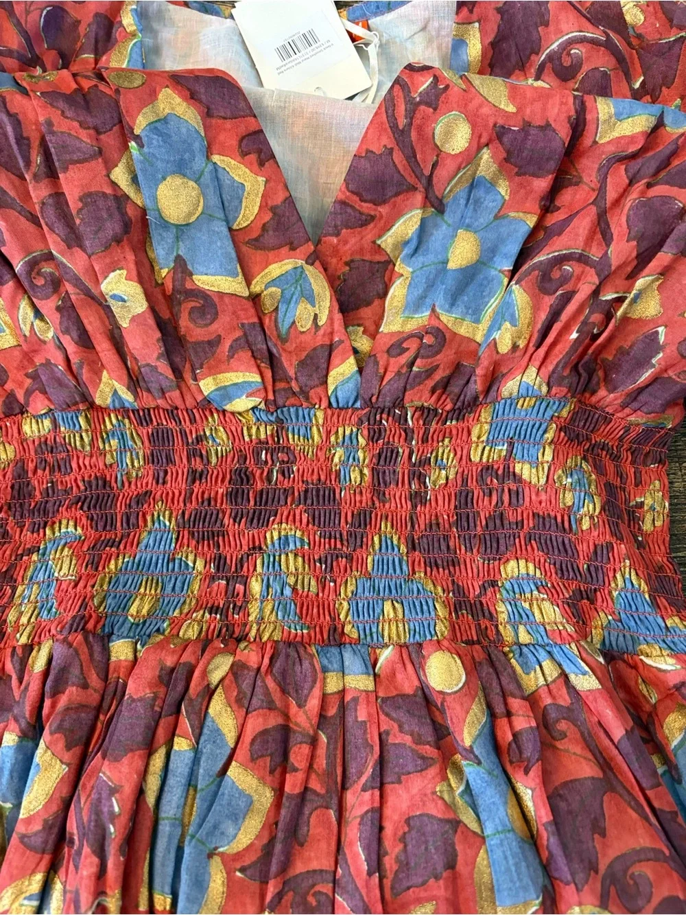 Oliphant V-Neck Smocked Waist Midi Dress Womens M Kildare Red NWT Floral Gold